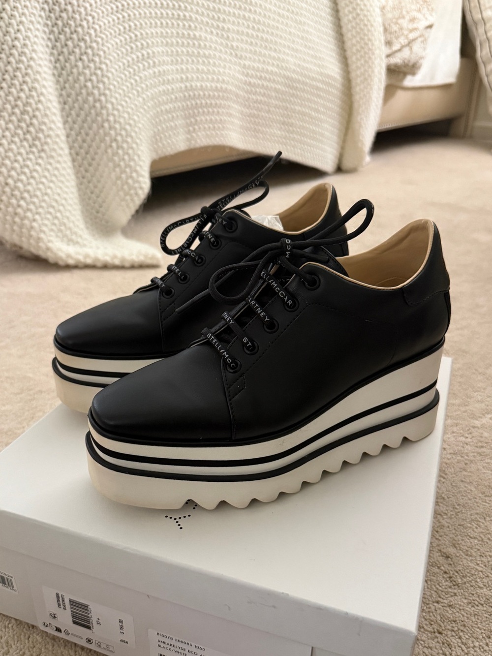 Stella McCartney Black Platform Lace-Up Oxfords with Striped Sole